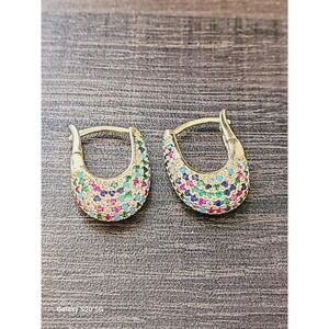 Gold Multi Color Rainbow Crystal Pavé U-Shape Huggie Hoop Earrings